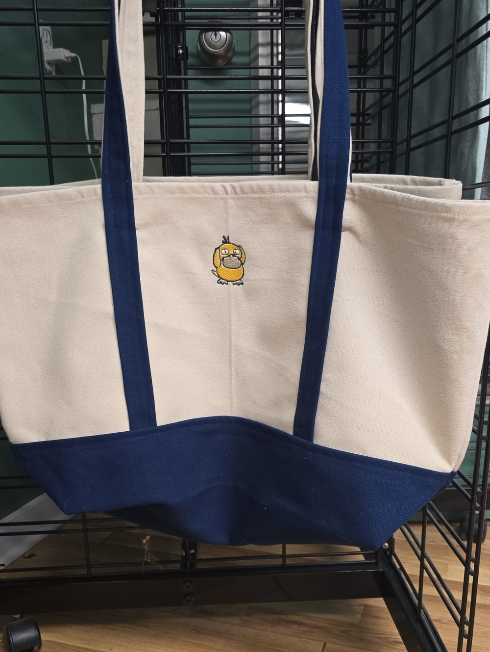 Canvas Tote Bag with Navy Trim - Embroidered Psyduck Accent